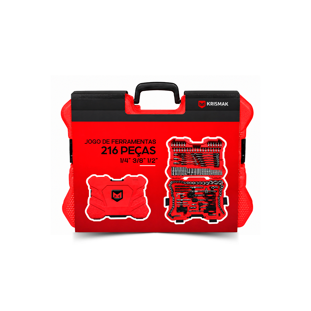 Jogo de Ferramentas em Cromo Vanádio 216 Peças com Encaixes 1/4", 3/8" e 1/2"