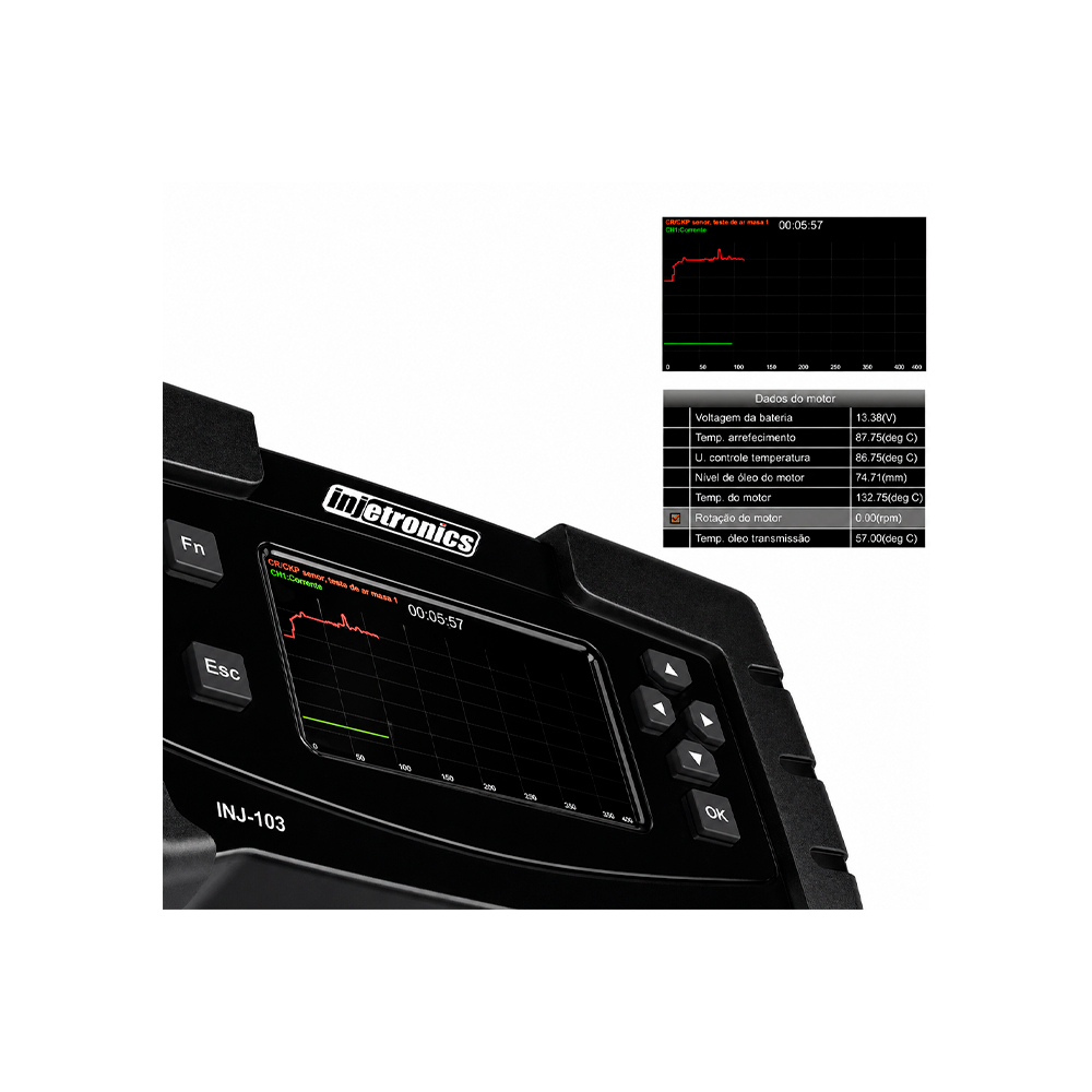 Scanner Automotivo Profissional com Gráfico de 2 Parâmetros Simultâneos - INJETRONICS INJ-103